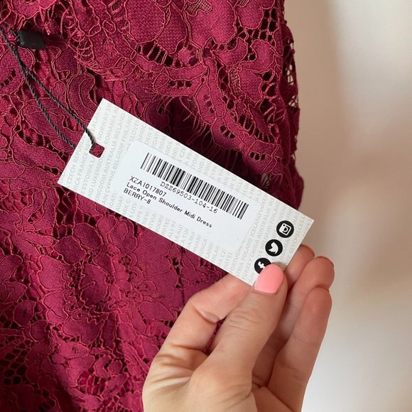 Boohoo Lace Open Shoulder Midi Dress Red Burgundy Sz 4 - Picture 10 of 11